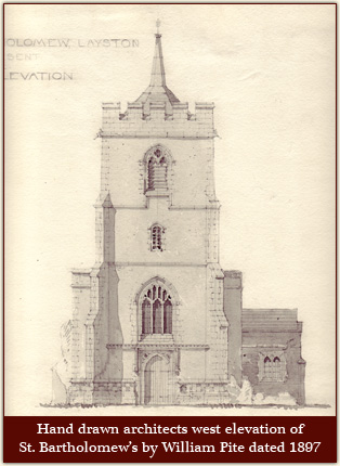 Hand drawn architects west elevation of St. Bartholomew’s by William Pite dated 1897